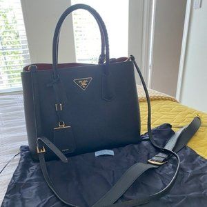 Prada Double bag in Saffiano Cuir leather - black/red - small
